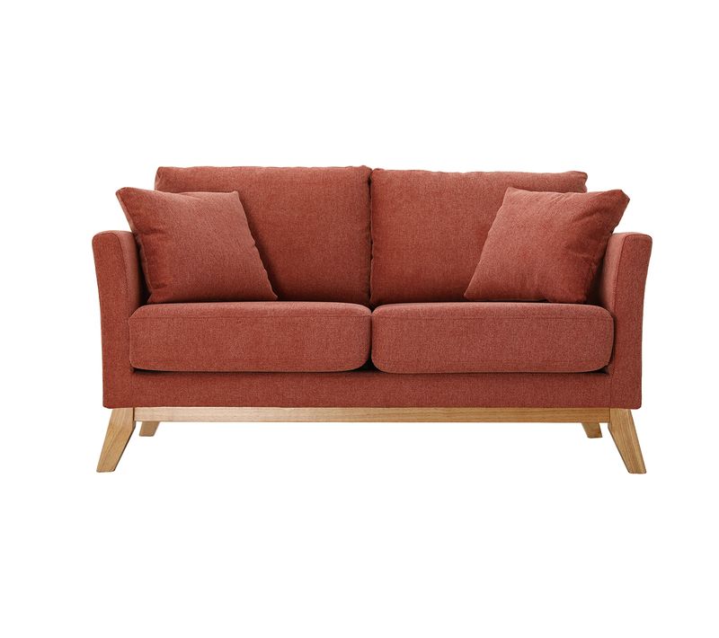 Canapé Scandinave Déhoussable 2 Places En Tissu Effet Velours Texturé Terracotta Et Bois Clair Oslo