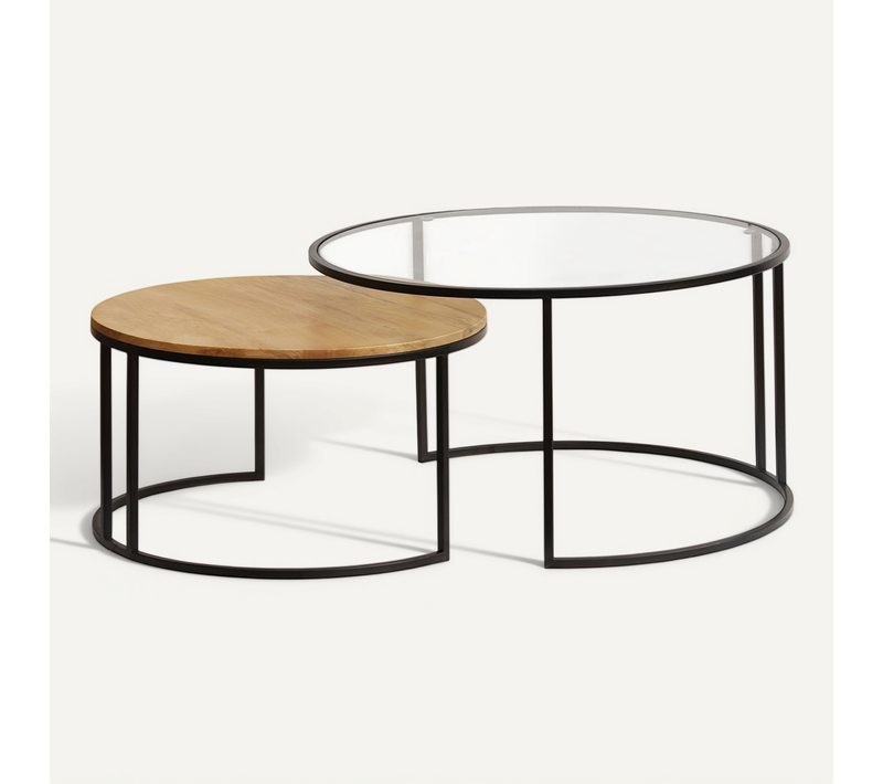 Tables Basses Gigognes Rondes Verre Trempé, Bois Manguier Massif Et Métal Noir (lot De 2) Tahl