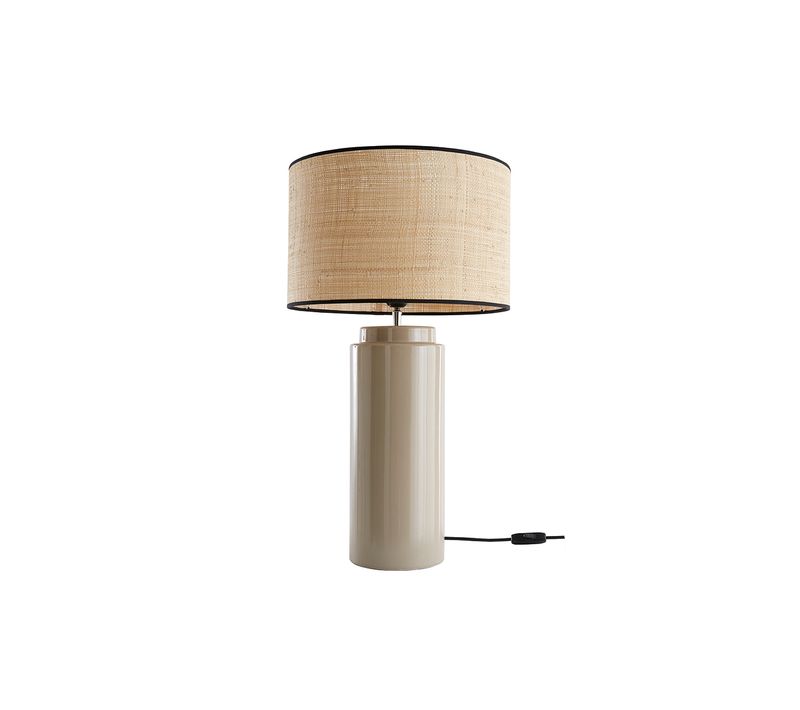 Lampe à Poser En Céramique émaillée Taupe Et Abat-jour En Raphia Naturel H64 Cm Majes