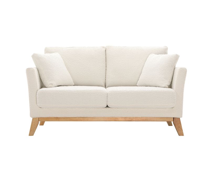 Canapé Scandinave Déhoussable 2 Places En Tissu Effet Laine Bouclée Blanc Cassé Et Bois Clair Oslo