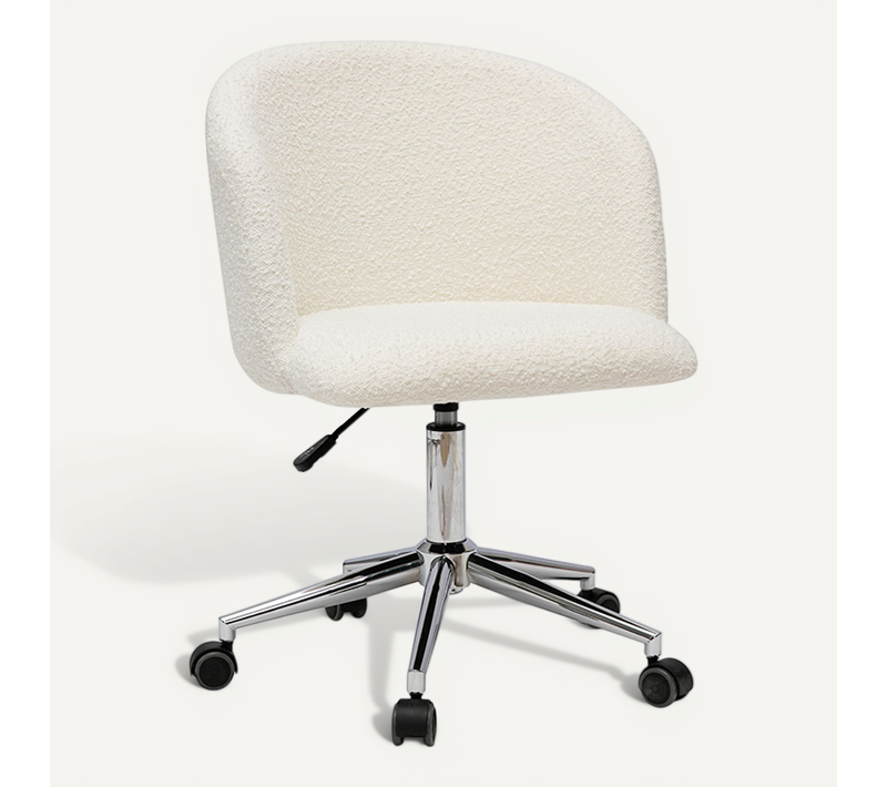 Chaise De Bureau à Roulettes En Tissu Effet Laine Bouclée Blanc Cassé Et Acier Chromé Vanity