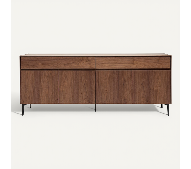 Buffet Design En Bois Foncé Noyer Et Métal Noir 4 Portes 2 Tiroirs L180 Cm Bliss