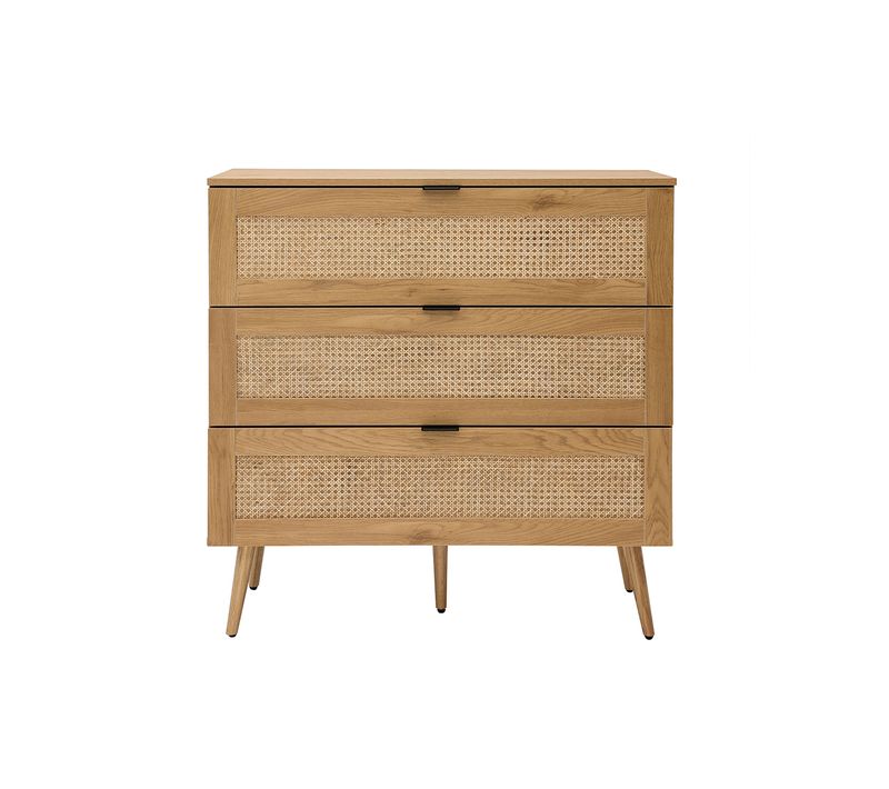 Commode Finition Bois Clair, Cannage En Rotin Et Métal Noir 3 Tiroirs L100 Cm Manille