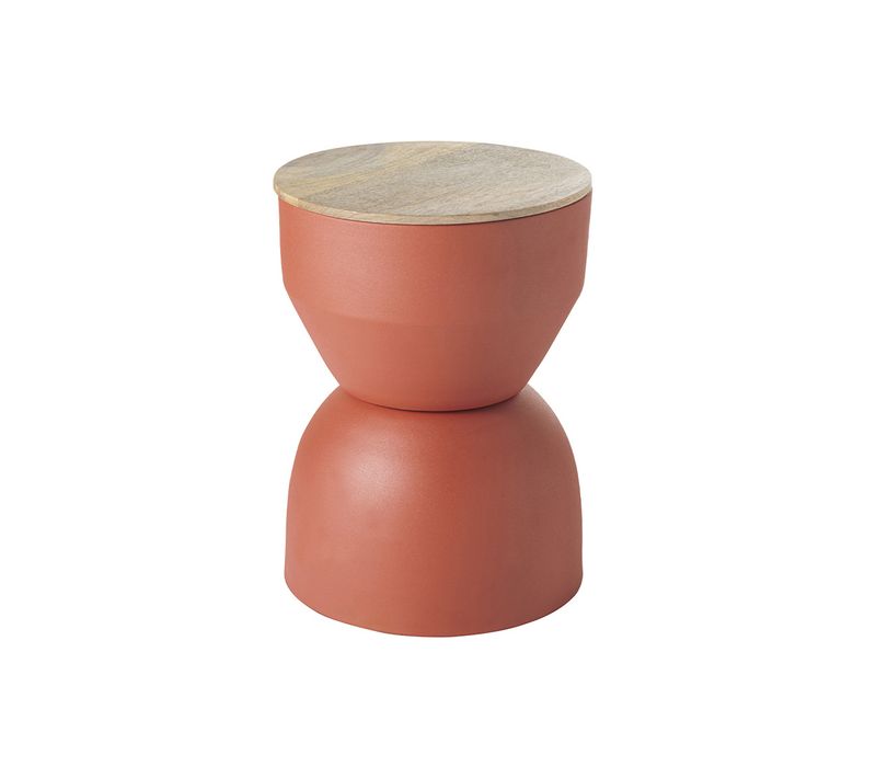 Table D'appoint Ronde Design Avec Rangement En Métal Terre Brulée, Bois Manguier Massif D30 Cm Yoyo