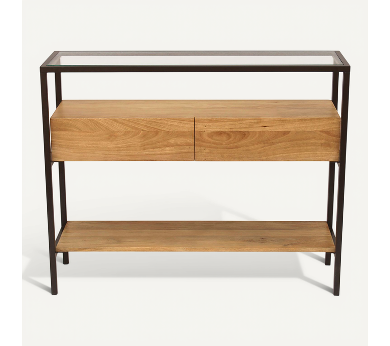 Console En Bois Manguier Massif Et Plateau En Verre 2 Tiroirs L100 Cm Sita