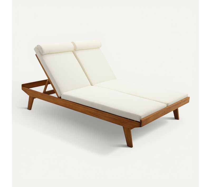 Bain De Soleil Double Avec Dossiers Multipositions Beige Et Bois Massif L127 Cm Caracas