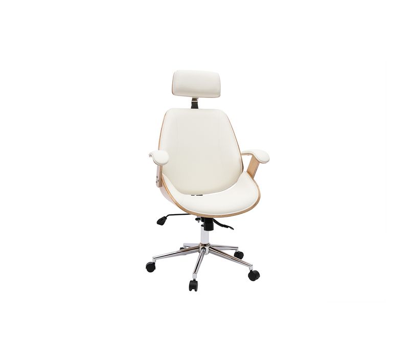 Fauteuil De Bureau De Direction Design Blanc, Bois Clair Et Acier Chromé Musk