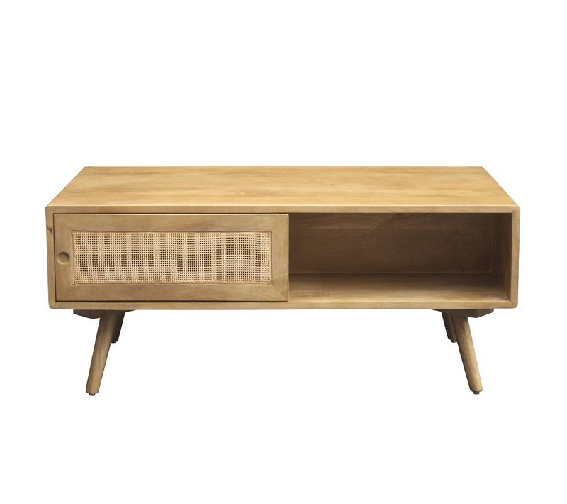Table Basse Rectangulaire Avec Rangements En Bois Manguier Massif Et Cannage Rotin L100 Cm Acange