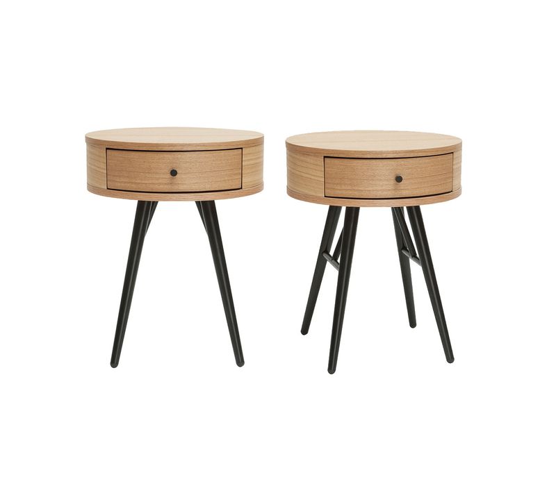 Tables De Chevet Rondes Avec Tiroir Bois Clair Et Métal Noir (lot De 2) Koral