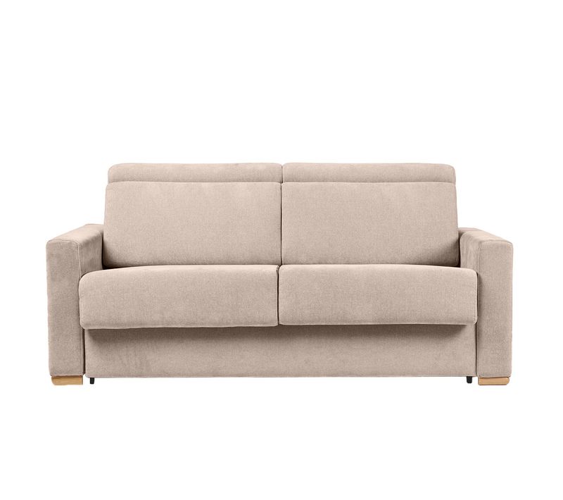 Canapé Convertible Avec Têtières 3 Places En Tissu Effet Velours Beige Avec Matelas 18 Cm Noro