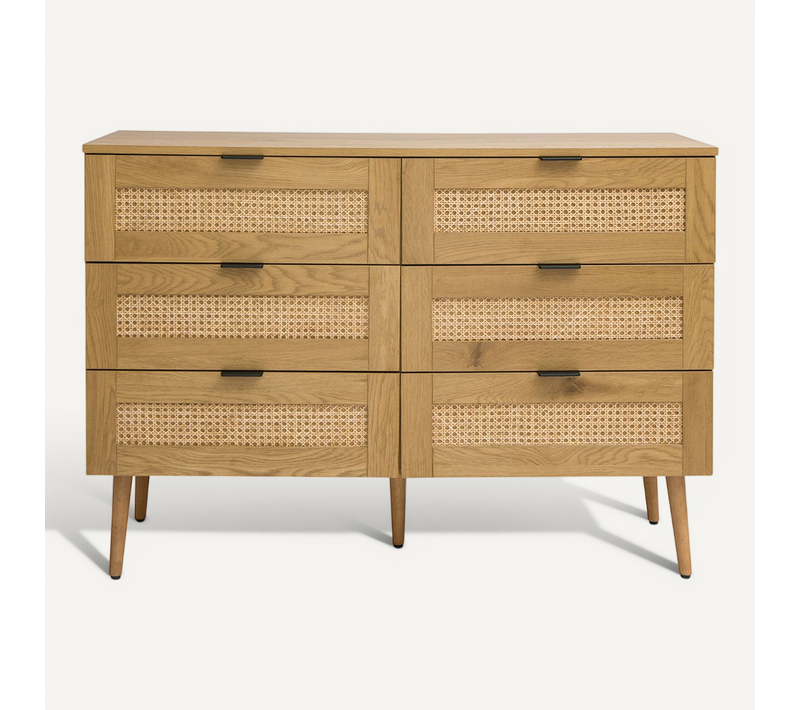 Commode Finition Bois Clair, Cannage En Rotin Et Métal Noir 6 Tiroirs L120 Cm Manille