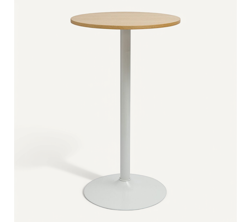 Table Haute Design Ronde En Bois Clair Chêne Et Métal Blanc D60 Cm Calista