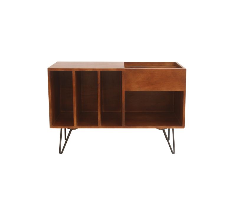 Buffet De Rangement Vinyles En Bois Manguier Massif Teinté Et Métal L90 Cm Boogie