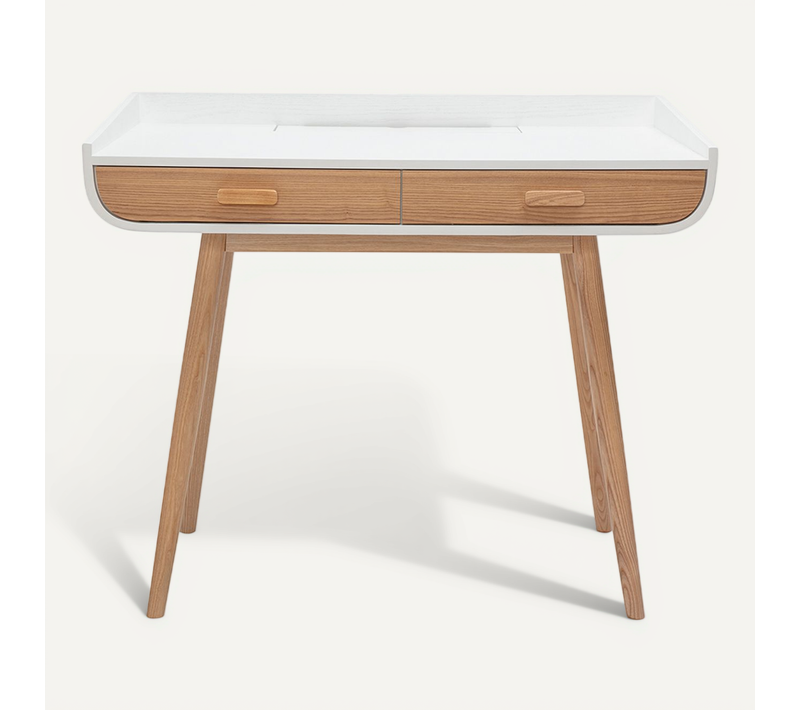 Bureau Scandinave Blanc Et Bois Clair Avec Rangements 2 Tiroirs L100 Cm Hallen