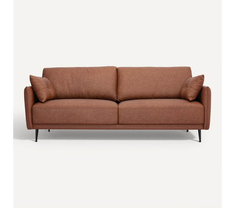 Canapé Vintage 3 Places Cuir Marron Et Bois Foncé Daven