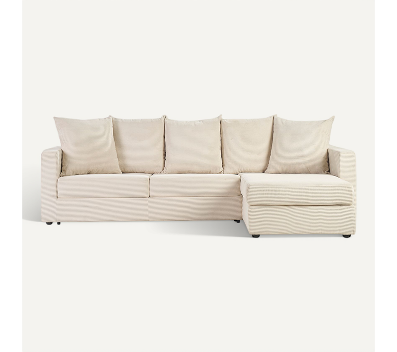 Canapé D'angle Droit Convertible 4 Places En Tissu Velours Côtelé Beige Avec Matelas 13 Cm Bacio