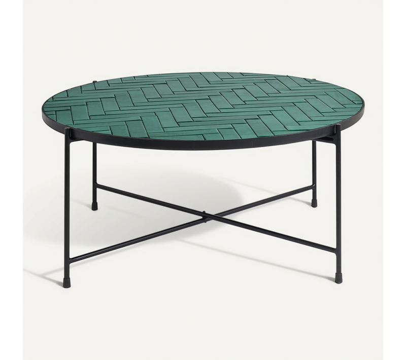 Table Basse Ronde En Céramique Vert Foncé Et Métal Noir D80.5 Cm Kotta