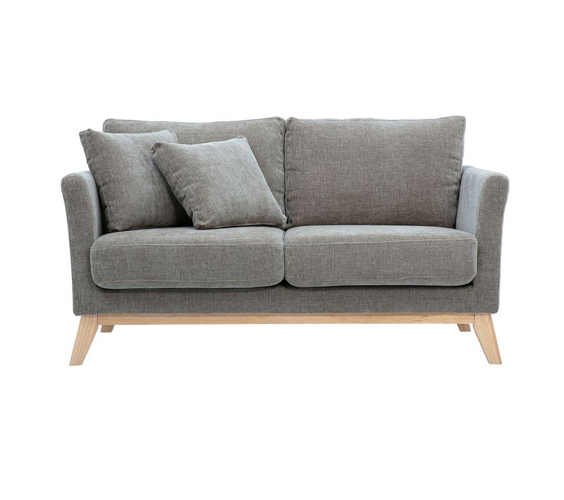 Canapé Scandinave Déhoussable 2 Places En Tissu Effet Velours Texturé Taupe Et Bois Clair Oslo