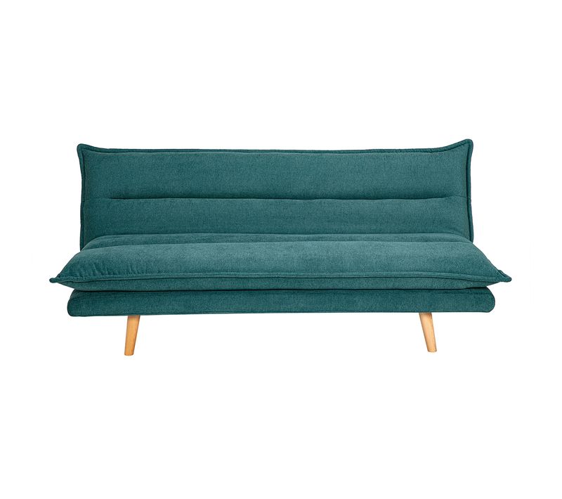 Canapé Convertible 3 Places En Tissu Chenille Bleu Canard Et Bois Clair Bingo