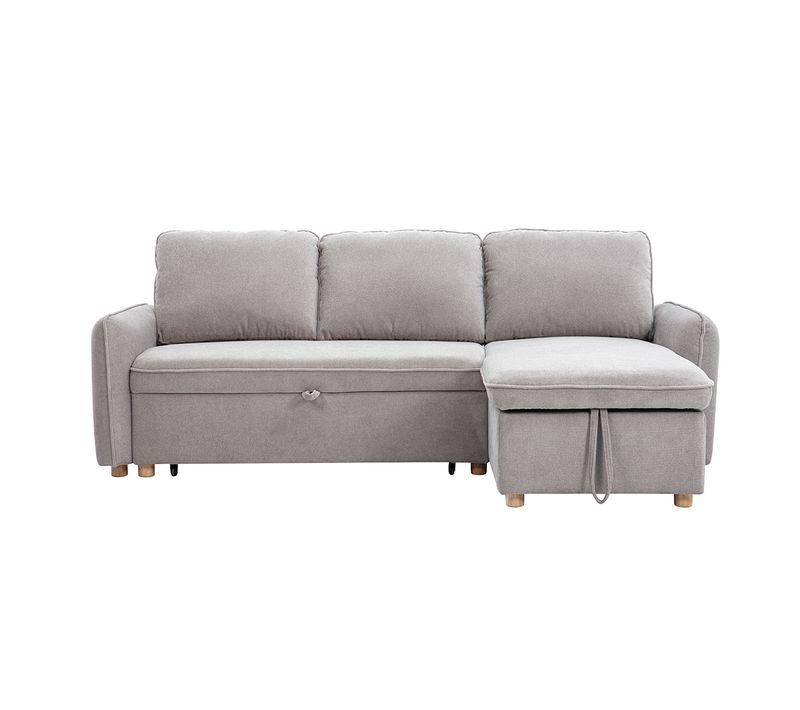 Canapé D'angle Convertible Réversible Avec Coffre 3 Places En Tissu Chenille Gris Et Bois Clair Orso
