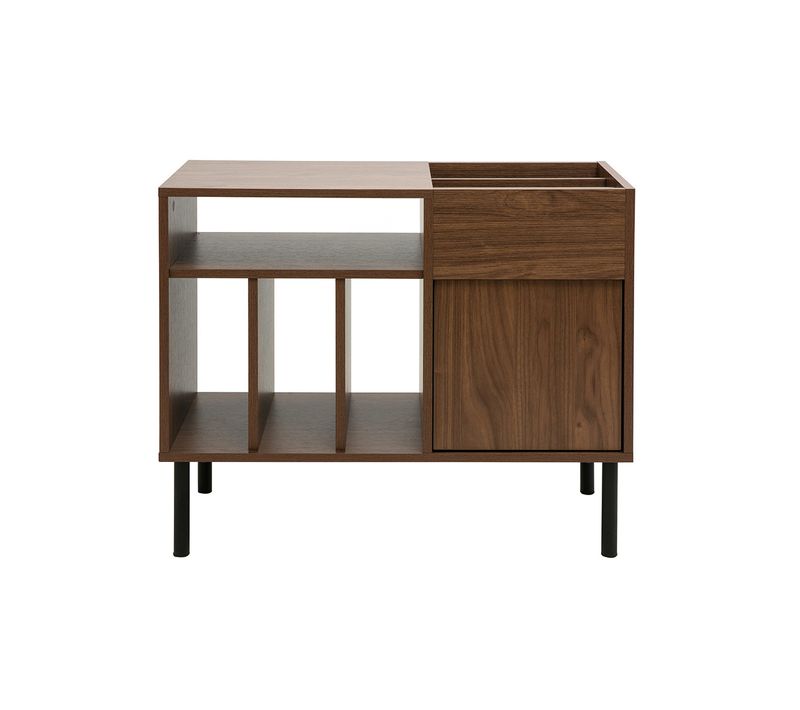 Buffet De Rangement Vinyles En Bois Foncé Finiton Noyer Et Métal Noir L90 Cm Kane