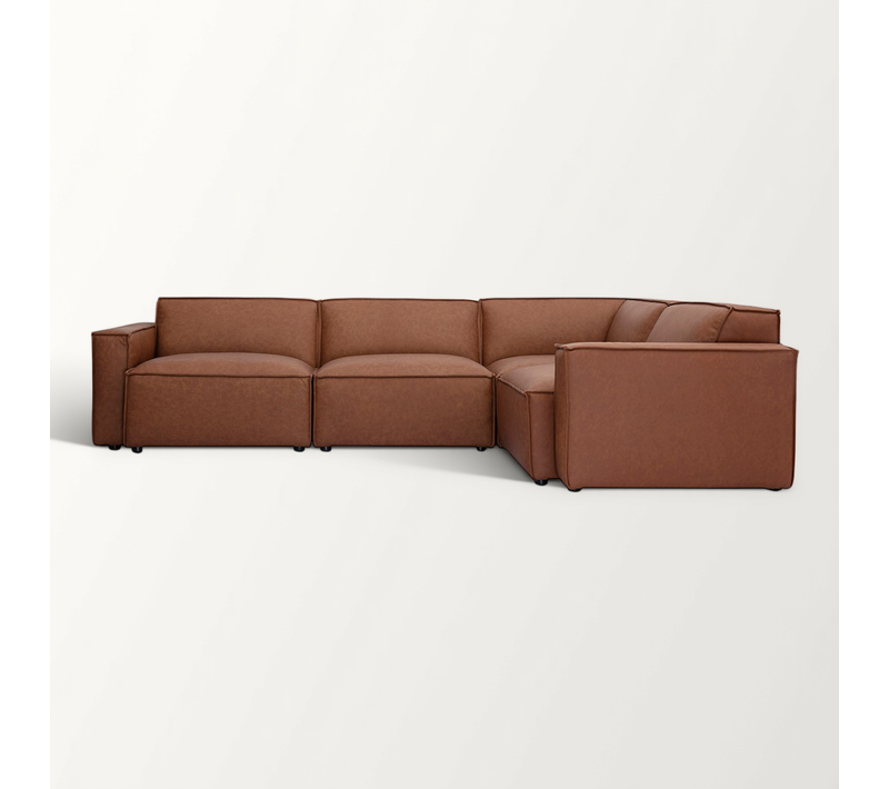 Canapé D'angle Modulable Vintage 5 Places En Cuir Marron Split