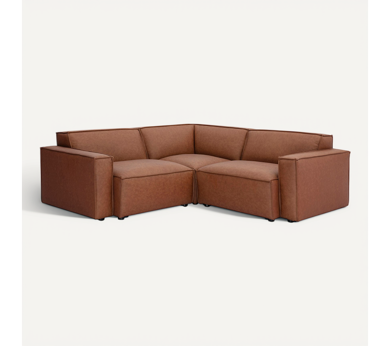 Canapé D'angle Modulable Vintage 3 Places En Cuir Marron Split