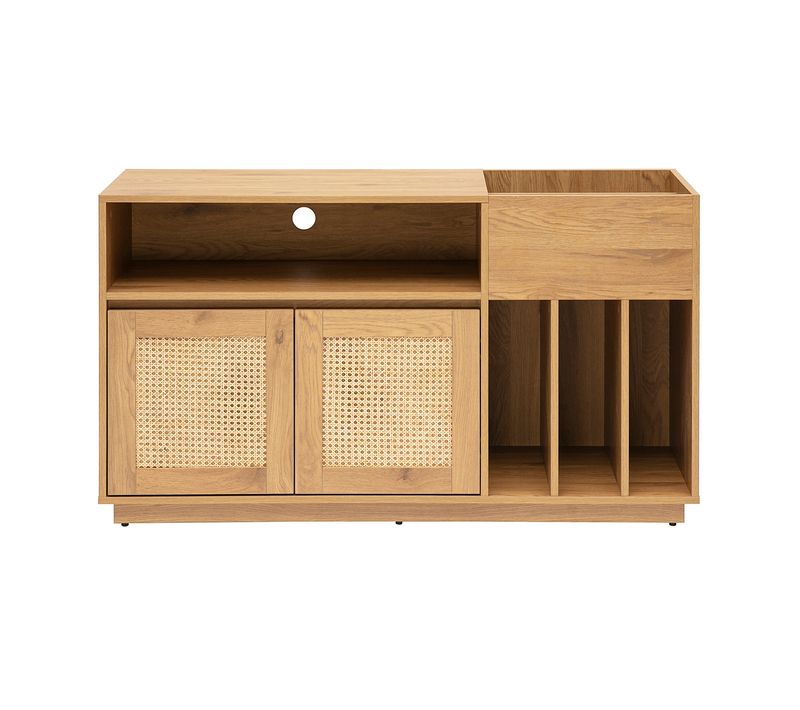 Buffet De Rangement Vinyles Finition Bois Clair Chêne Et Cannage Rotin L130 Cm Alicante