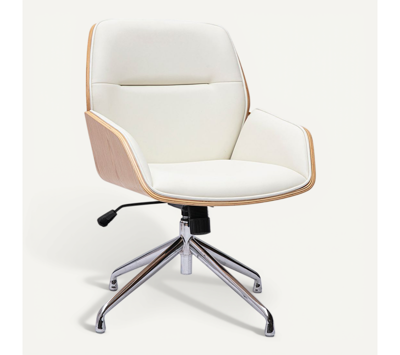 Chaise De Bureau Design Pivotante 360° Blanche, Bois Clair Et Métal Chromé Marlow