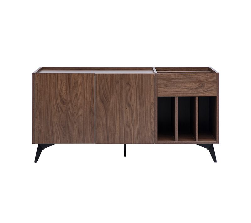 Buffet De Rangement Vinyles En Bois Foncé Finiton Noyer Et Métal Noir L140 Cm Seda
