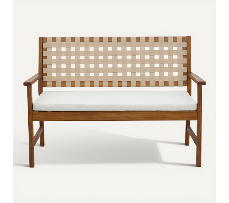 Banc De Jardin En Bois Massif 2 Places Avec Coussin Blanc Et Sangles L114 Cm Santana