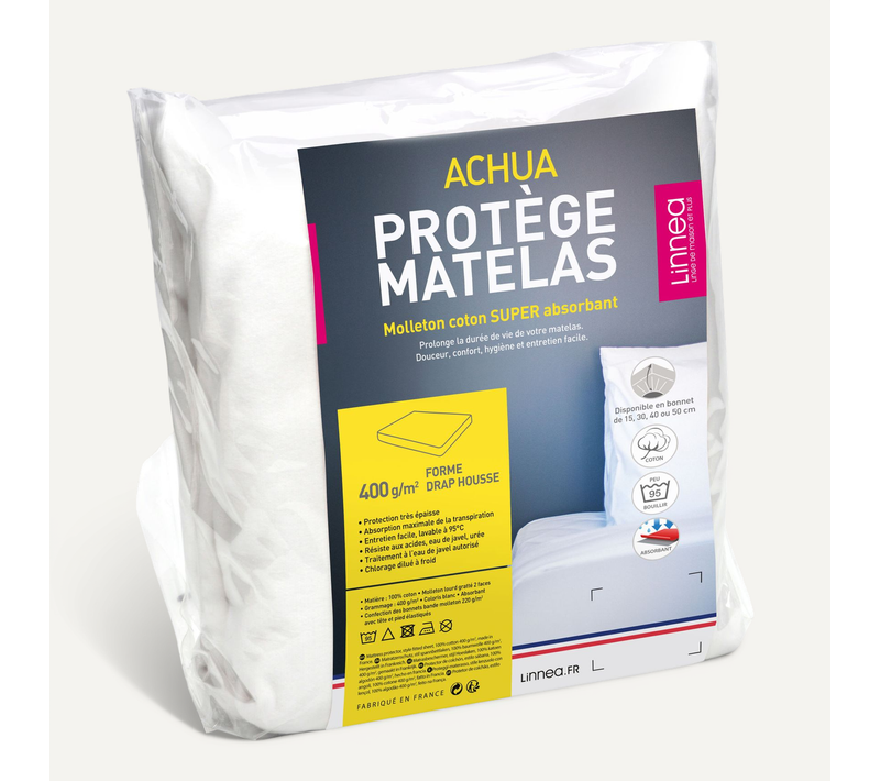 Protège Matelas 70x200 Cm Bonnet 40 Cm Achua Molleton Coton 400 G/m²