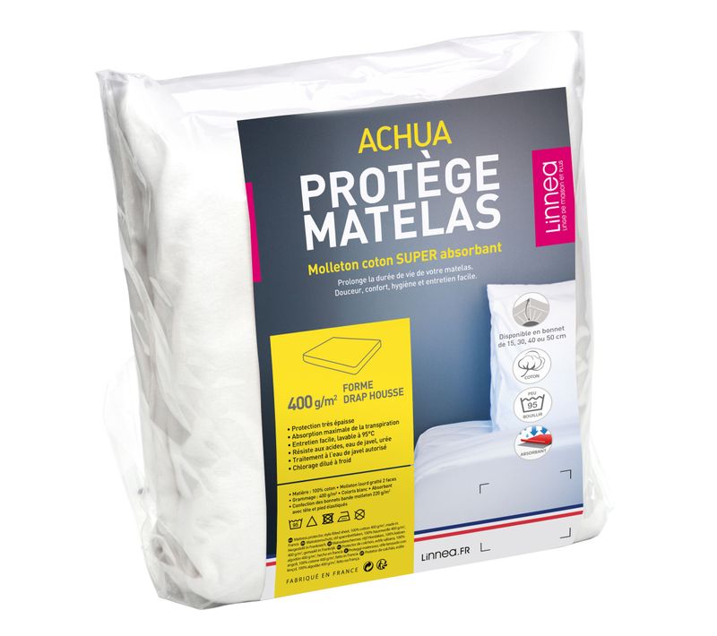 Protège Matelas 160x220 Cm Bonnet 30 Cm Achua Molleton Coton 400 G/m²