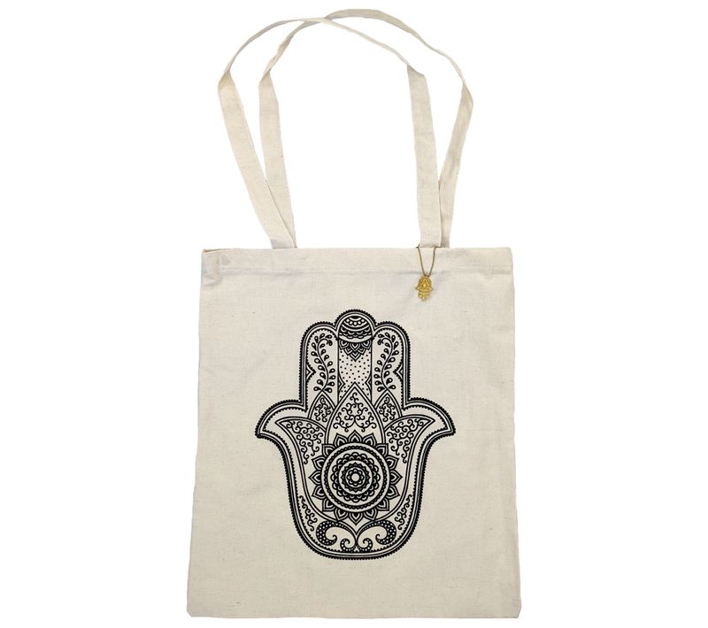 Sac De Shopping Fatma Blanc Uni Avec Motif Main De Fatma Noire