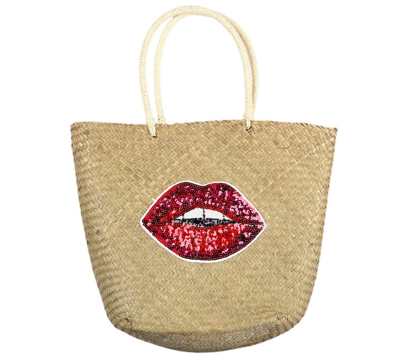 Sac De Plage Pop Playa Paille De Blé Tréssée Motif Bouche Sequins