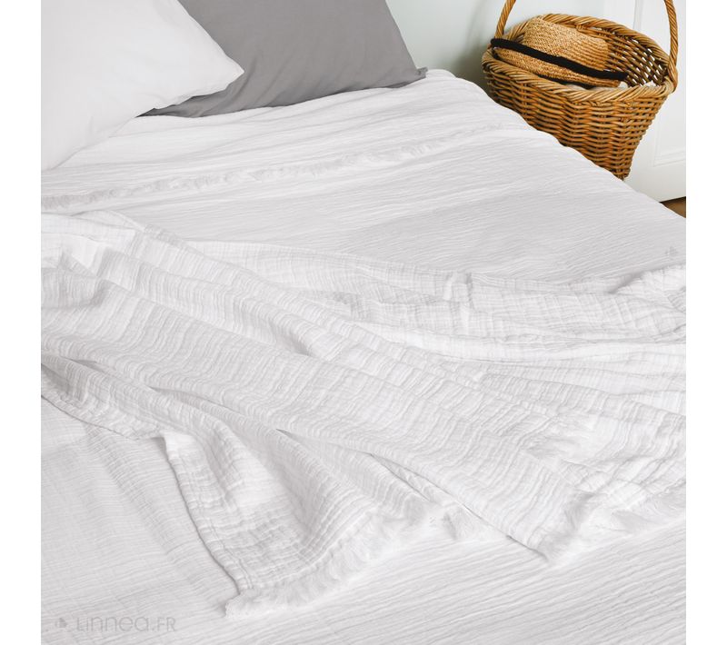 Plaid Avec Franges 125x180 Cm Brehat 100% Gaze De Coton Blanc