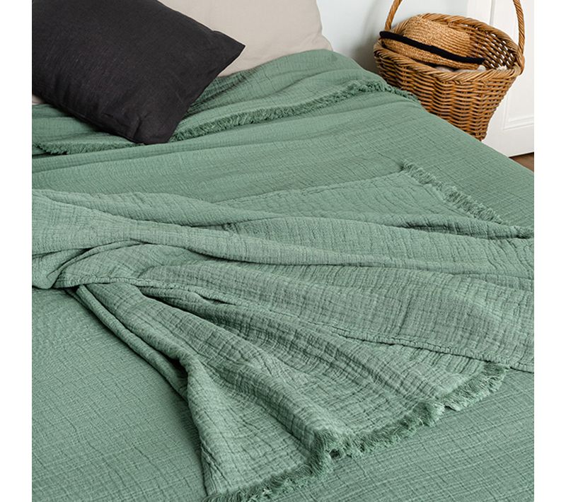 Plaid Avec Franges 125x180 Cm Brehat 100% Gaze De Coton Vert Lichen
