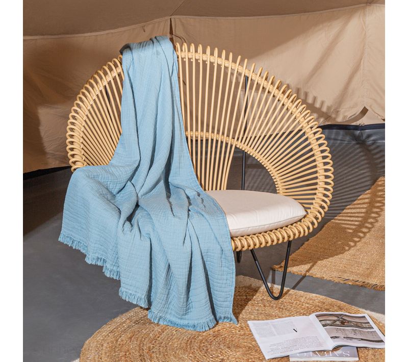 Plaid Avec Franges 125x180 Cm Brehat 100% Gaze De Coton Bleu Orage