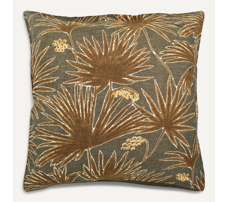Housse De Coussin 45x45 Cm Lin Lavé Motif Végétal Palawan Vert Kaki