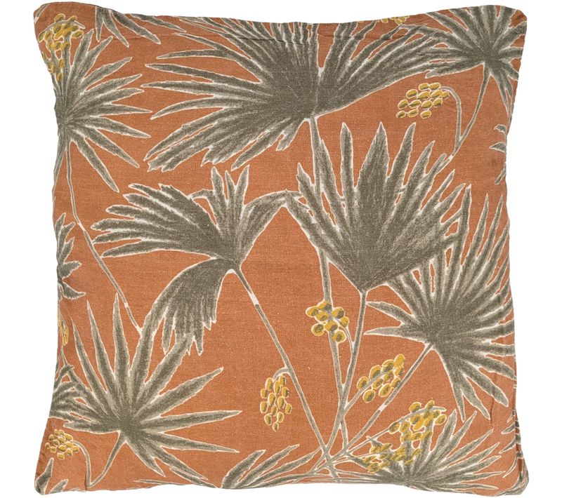 Housse De Coussin 45x45 Cm Lin Lavé Motif Végétal Palawan Terracotta