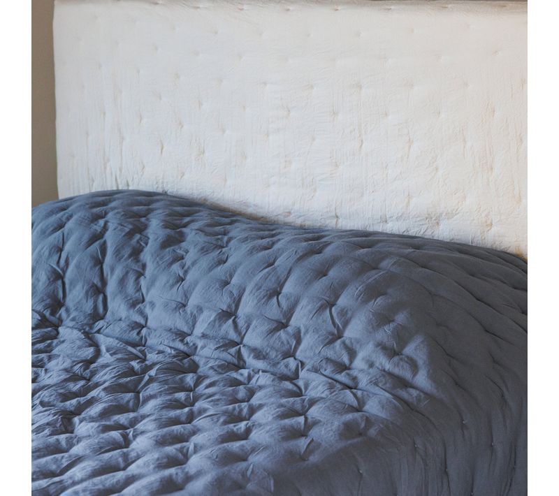 Couvre-lit 180x240 Cm Celeste Velours Piquage Points Brodés Bleu Métal