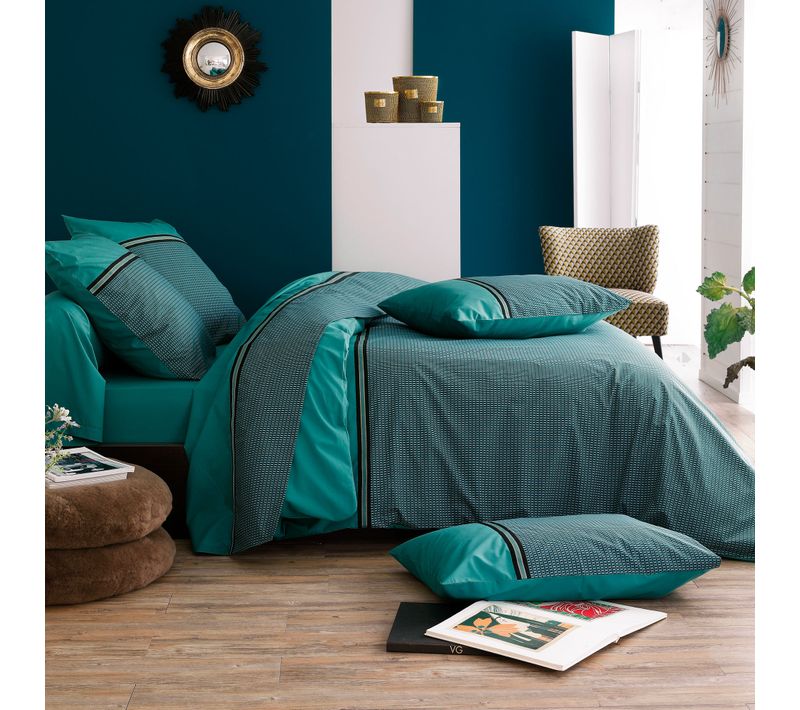 Parure De Lit 200x200 Cm 50x70 Percale Gustav Vert Emeraude 3 Pièces