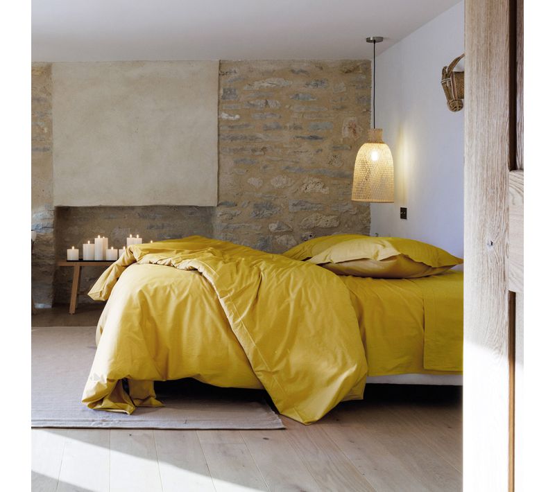 Parure De Lit 140x200 Cm Set 65x65 Cm Percale Manoir Jaune Moutarde
