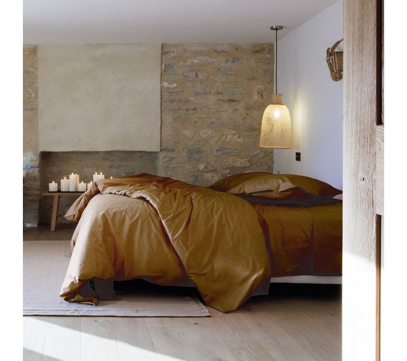 Parure De Lit 200x200 Cm Set 65x65 Cm Percale Manoir Marron Cognac