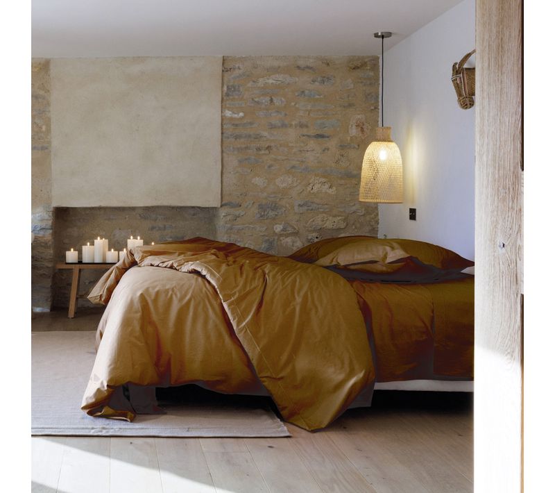 Parure De Lit 260x240 Cm Set 65x65 Cm Percale Manoir Marron Cognac
