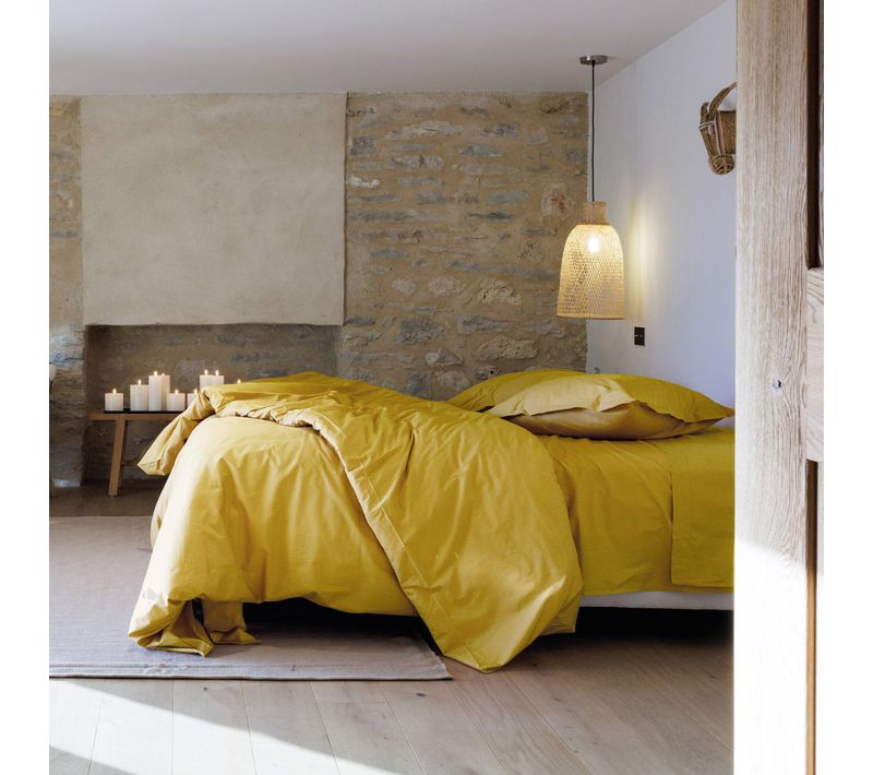 Parure De Lit 200x200 Cm Set 50x70 Cm Percale Manoir Jaune Moutarde