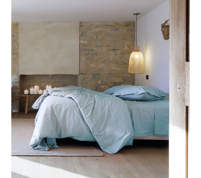 Parure De Lit 200x200 Cm Set 50x70 Cm Percale Manoir Bleu Glacier