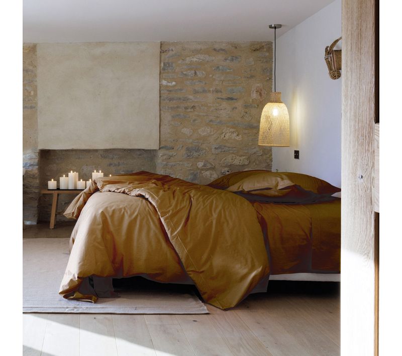 Parure De Lit 240x220 Cm Set 50x70 Cm Percale Manoir Marron Cognac