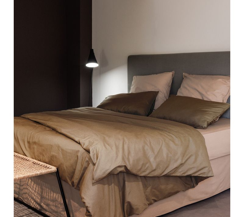 Parure De Lit 140x200 Cm Et 65x65cm Coton Lavé Palace Marron Cognac 2 Pièces