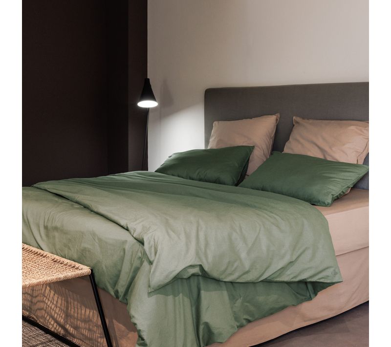 Parure De Lit 200x200 Cm Et 65x65 Cm Coton Lavé Palace Vert Mousse 3 Pièces